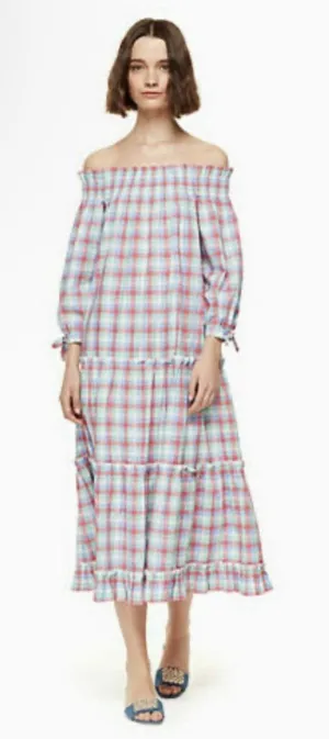 KATE SPADE Plaid Madras Off Shoulder Dress Size Medium Ruffle Tiered Picnic thumbnail 1