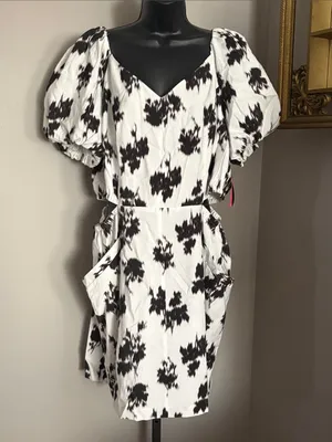 NEW Prabal Gurung 20W Fit Flare Black White Puff Sleeve Sheath Dress thumbnail 2
