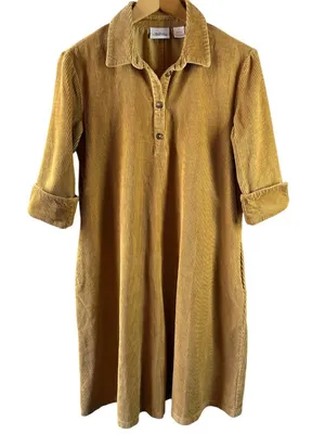 Vermont Country Store Mustard Corduroy Polo Dress S Cotton Cottagecore thumbnail 2