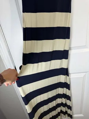 PinkBlush Navy Blue & Beige Striped Sleeveless Low Back Knit Maxi Dress thumbnail 2