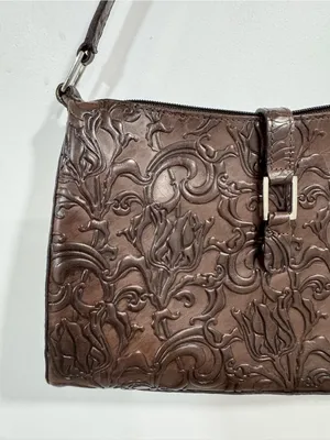 Wilsons Leather Pelle Studio Small Tooled Brown Leather Baguette Floral Y2K thumbnail 4