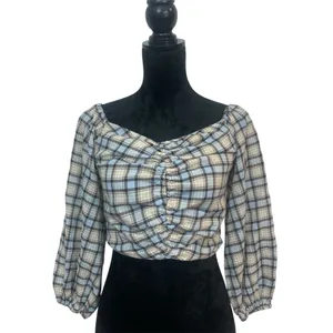 Zara Women's M Blue Cream‎ Plaid Ruched Chic Cottagecore 3/4 Sleeve Blouse thumbnail 2