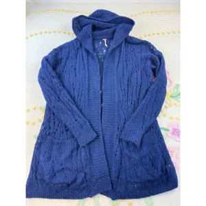 Free People Alpaca Blend Hooded‎ Cardigan Blue Pointelle Knit Long Sweater XS thumbnail 2
