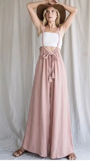 NEW Mazik Wide Leg Linen Jumpsuit Boho Pink MEDIUM Suspender Overalls Tassels thumbnail 1