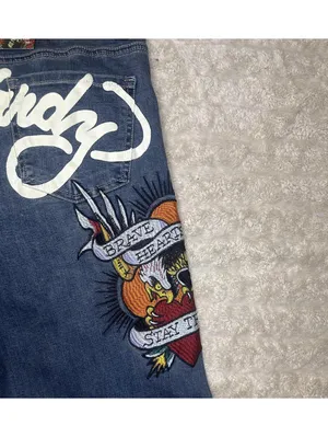 Ed Hardy medium wash embroidered eagle heart tattoo wide leg denim jeans Size 30 thumbnail 10