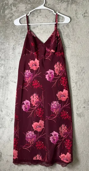 Vintage Y2K Floral Slip Dress Burgundy Pink Lace Hem Spaghetti Strap Midi M thumbnail 1