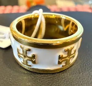 Tory Burch | Gold Plated & White Enamel Women's Logo Band Ring | Size 7 thumbnail 1