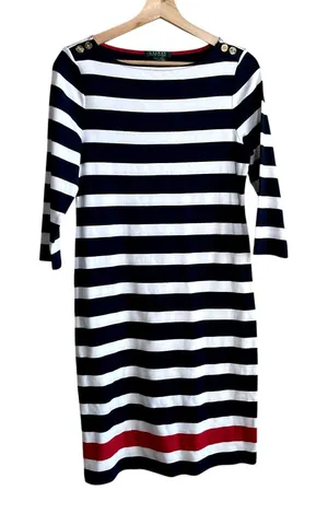 Lauren Ralph Lauren navy white red striped sailor boat neck midi dress women's M thumbnail 1
