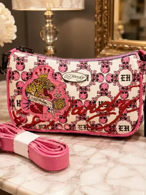 Ed Hardy Pink Skull Tiger Rhinestone Shoulder Bag Crossbody NWT thumbnail 5