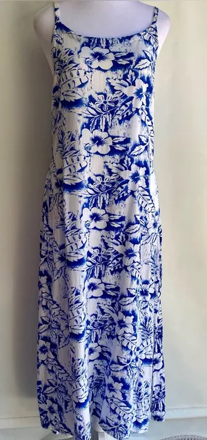 Caribbean blue white tropical Hawaiian print spaghetti strap maxi sun dress thumbnail 1