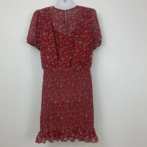 Urban Outfitters‎ Women's M Red Floral Smocked Mini Dress Short Sleeve Ruffle thumbnail 3