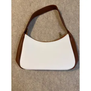 White and Brown Baguette Shoulder Bag Minimalist Two Tone Handbag Gold Zipper thumbnail 2
