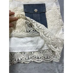 Boho Mini Dress Denim White Lace Crochet Cottagecore Western Large thumbnail 5