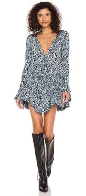 Free People NWT “Olivia” blue and green floral print swingy tunic mini dress. M thumbnail 1