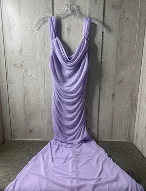 Womens Lg Lavender Ruched Cowl Neck Maxi Gown Sleeveless Purple Sexy Long Dress thumbnail 1