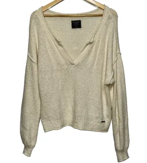 Abercrombie & Fitch Cream Ribbed Knit Long Sleeve Pullover V-Neck Sweater Size M thumbnail 1