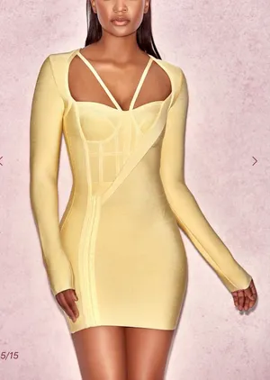 House of CB GIACOMINA Yellow Long Sleeve Bandage Dress With Hook & Eye Details thumbnail 1