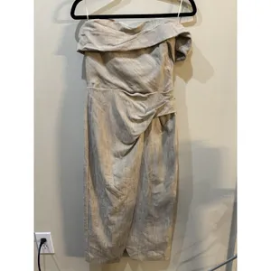 Zara Asymmetric Pencil Dress Slip‎ Midi Camel Taupe Beige Size XS Linen Feel thumbnail 5