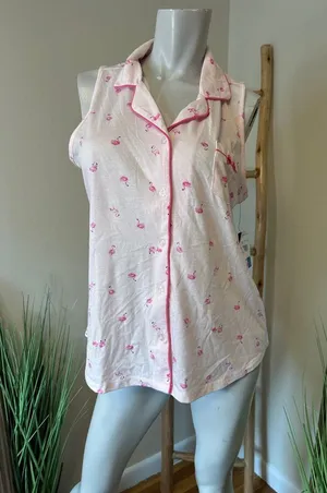 Laura Ashley L cotton Poly Pajama Top Pink Flamingos Sleeveless thumbnail 1