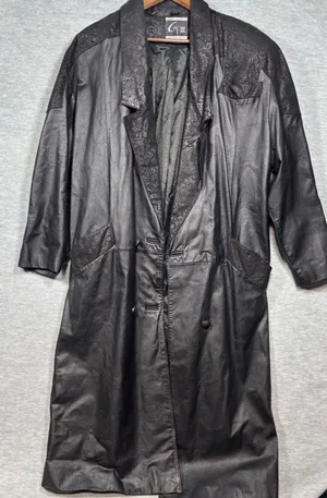 Global Identity G-III Womens Black Leather Paisley Embossed Trench Coat Duster L thumbnail 1