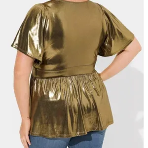 Torrid Top Liquid Shine Peplum Blouse Sz‎ 18/20 Gold Metallic Party New thumbnail 3