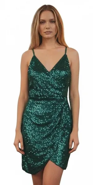 Crystal Doll Sequin V-Neck‎ Spaghetti Strap Lined Mini Dress Green 0 Festive Party Club Rave thumbnail 1