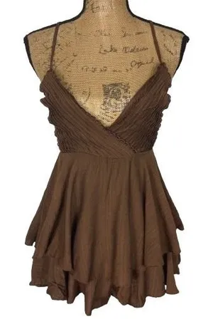 Francesca's Mi‎ Ami Babydoll Tiered Short Romper Forest Fairy Brown Size XS thumbnail 1
