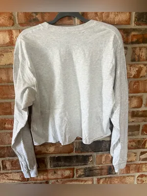 Gildan Light Gray Long Sleeve Cropped Ghost Graphic Tee with Orange Accents thumbnail 4