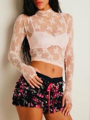 FREE PEOPLE Feeling For Lace Black Pink Floral Shorts Ruffles Girly Size Medium thumbnail 10