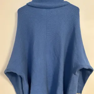 Women's Blue Ribbed Knit Poncho Sweater Cowl Neck Oversized Dolman Sleeve XS‎ thumbnail 3