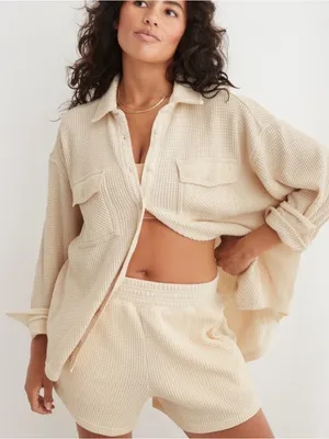 Aerie Lumberjane Cream Waffle Knit Size Large Long Sleeve Button Up Pocket Top thumbnail 1