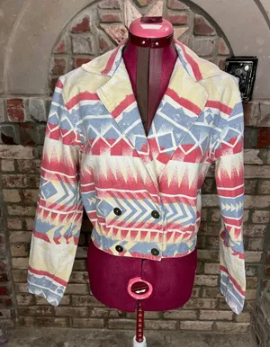 Jean Jacket Aztec print cropped Vintage 1980s red blue cream thumbnail 1