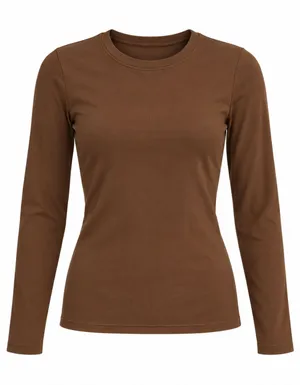 OQQ Brown Long Sleeve Seamless Ribbed Fitted Crew Neck Top Size S thumbnail 1