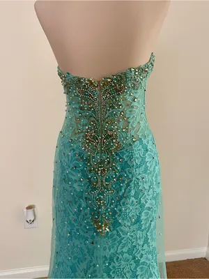 Mori Lee Turquoise Beaded Lace Mermaid Prom Dress | Size: 2-4 thumbnail 5