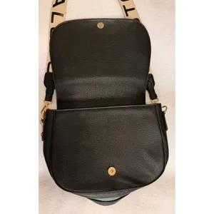 Halston Black Pebbled Faux Leather Crossbody Shoulder Bag Logo Strap Gold Tone thumbnail 5
