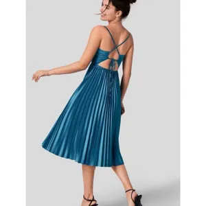 Halara Blue Silky Satin Wrap Front Pleated Skirt Midi Dress NWOT thumbnail 6