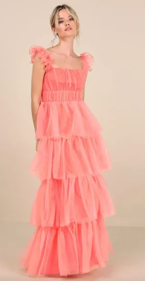 Lulus Tulle For Love Coral Pink Mesh Tulle Tiered Ruffled Maxi Dress Medium NWT thumbnail 1