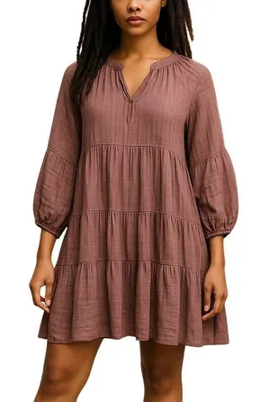 Listicle‎ Tiered Mini Dress Womens Large Dusty Rose Textured Grid Balloon Sleeve thumbnail 1
