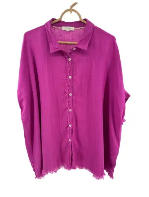 Umgee Fuchsia Button-Down Shirt with Frayed Placket XL oversized linen blend thumbnail 1