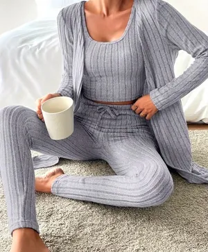 SheIn Gray Ribbed Crop Top,Pants & Duster Set thumbnail 1