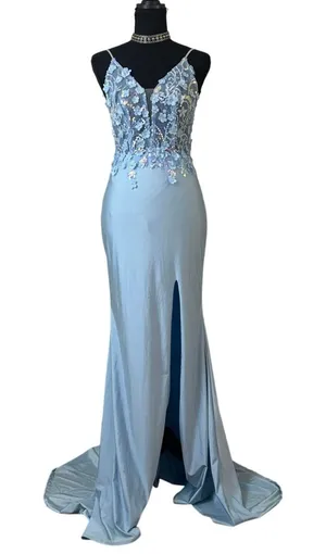 y2k baby blue floral prom dress side slit train fairytale coquette formal gown thumbnail 1