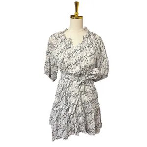 Cleobella Nevah Floral Mini Dress White Blue Puff Sleeve Tie Belt Cotton Size M thumbnail 2