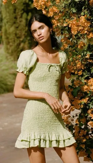 Faithfull The Brand Cette Linen Smocked Mini Dress lime Green Size 4 Coquette thumbnail 1