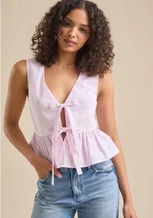 Altar'd State blouson Vest, striped white and pink, lightweight, ruffle hem sz M thumbnail 1