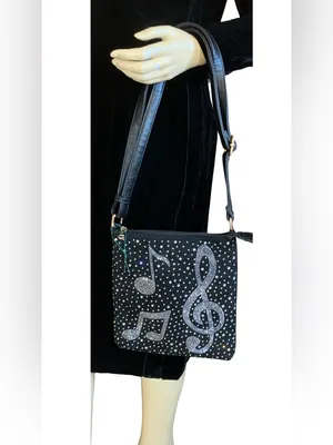 Musical Themed Rhinestone Embellished Black Faux Leather Crossbody Bag thumbnail 8