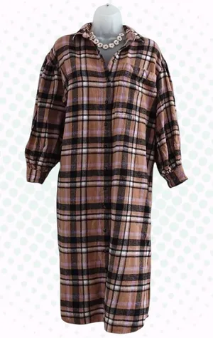 ASOS Design Tan & Pink Plaid Tartan Flannel Shirt Oversized Maxi Dress Size 4 thumbnail 1