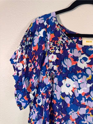 Maeve Blue Red Floral Blouse Womens L Casual Flowy Romantic Short Sleeve Top thumbnail 8