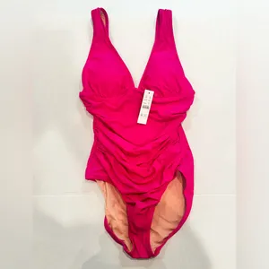 J. CREW Ruched V-Neck‎ One Piece Swimsuit Women's 10 Radiant Fuchsia Beach NEW thumbnail 5