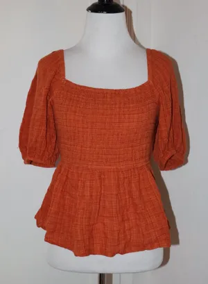 Boho Gauzy Square Neck Puff Sleeve Top Rust Small Orange thumbnail 1