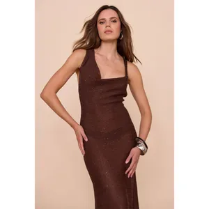 SOVERE Spark Dress in Coffee Medium New Womens Knit Crochet sequin Maxi Gown thumbnail 11